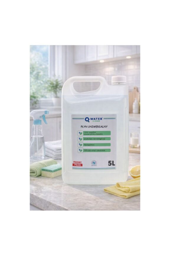uniwersalny 5l zdjęcie przedstawia uniwersalny środek myjący- płyn uniwersalny na jasnym, domowym tle. kuchnia, blat kuchenny.