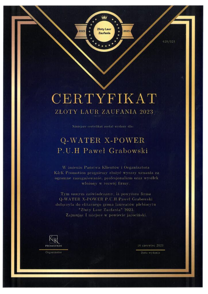 Producent ekologicznych środków czystości - certyfikat-zaufania-złoty-laur-dla-producenta-środków-czystości-q-water-x-power